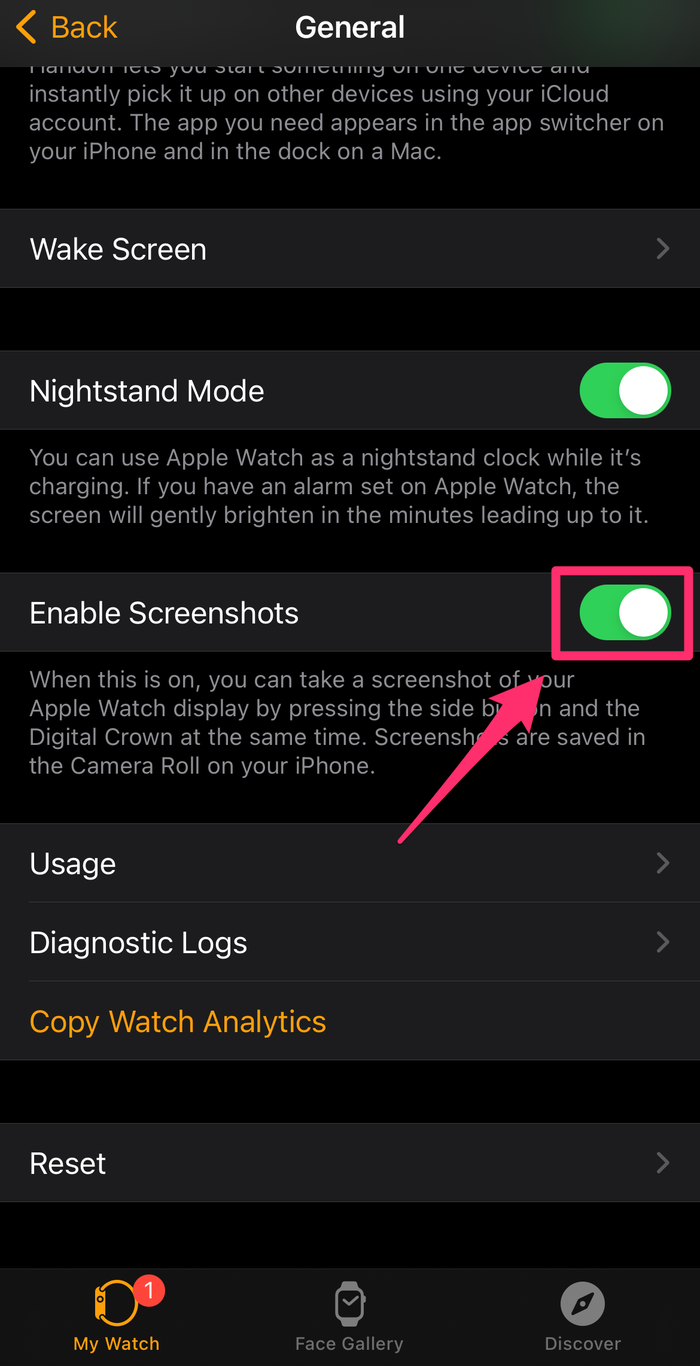 Screenshot of the General section of the Watch iPhone app with the Enable Screenshots toggle highlighted