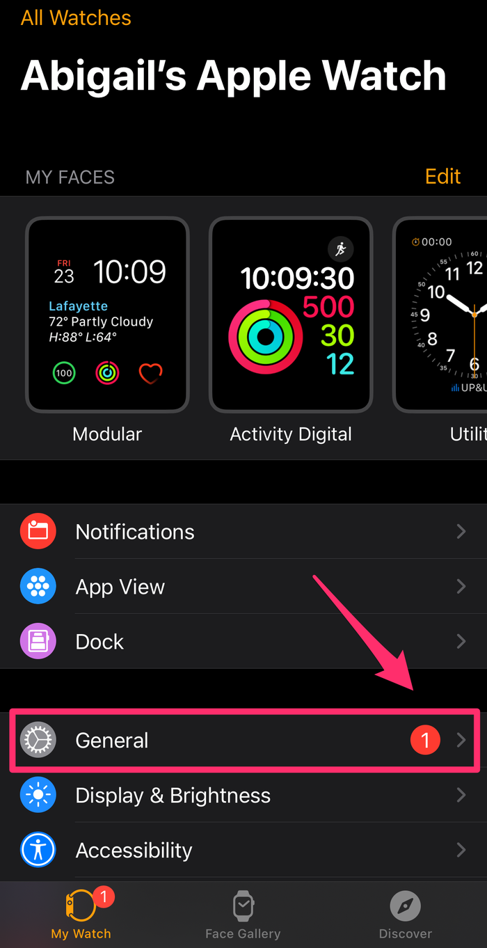 Screenshot of the Watch iPhone app with the General option highlighted
