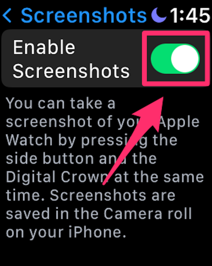 Apple Watch screenshot of the Screenshots page in the Settings app with the Enable Screenshots slider highlighted