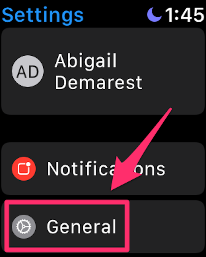 Apple Watch screenshot of the Settings app with the General option highlighted