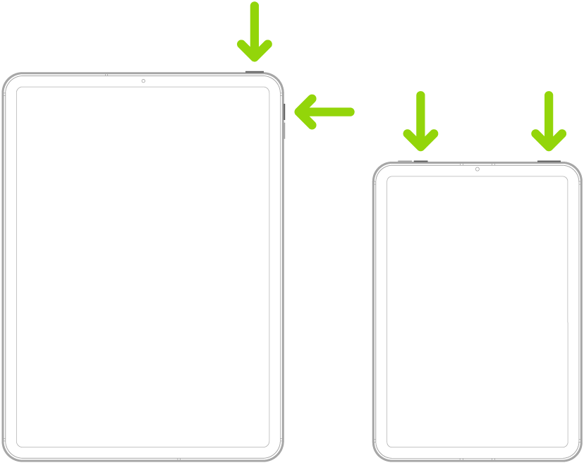 An illustration of two iPad models with Face ID. Arrows point to the top buttons and volume buttons.