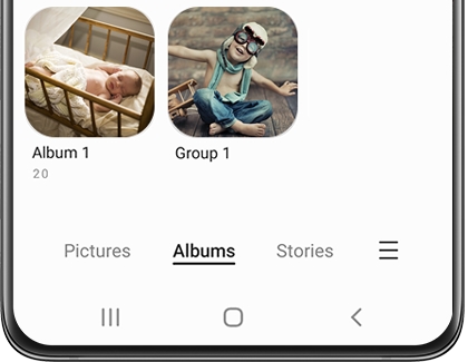 Album 1 and Group 1 Albums displayed on a Galaxy phone