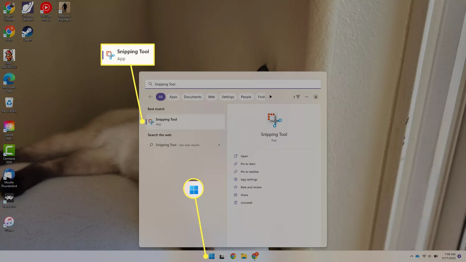 Windows Start Menu and Snipping Tool highlighted in Windows 11