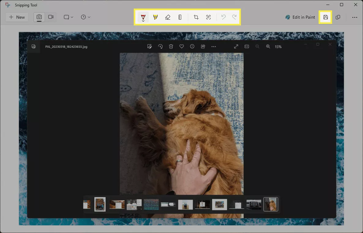 Editing tools and save button highlighted in the Windows 11 Snipping Tool.